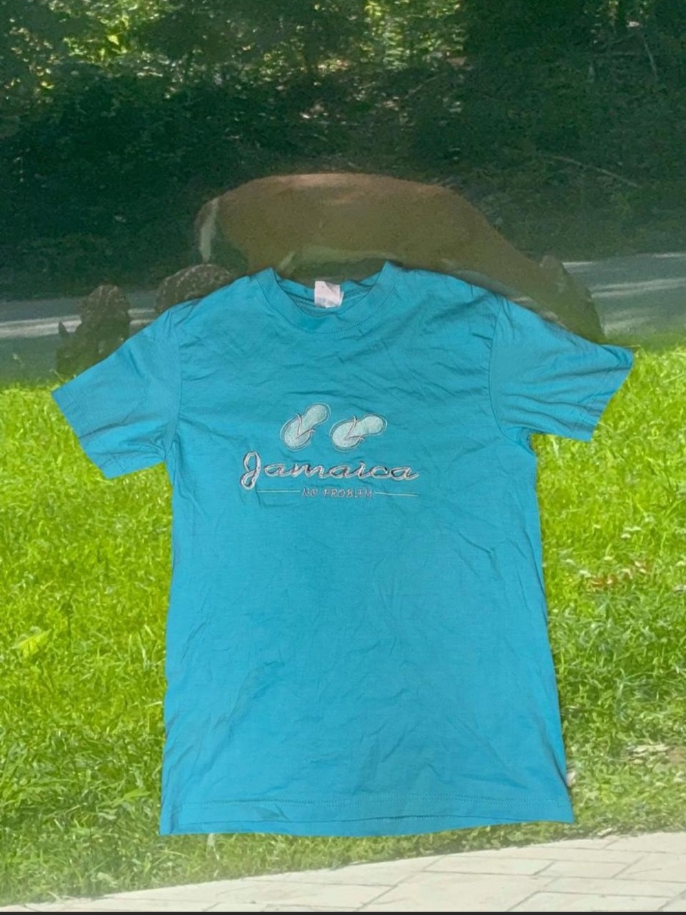 Vintage Sandals Jamaica “No Problem” Teal Embroidered Graphic Tee